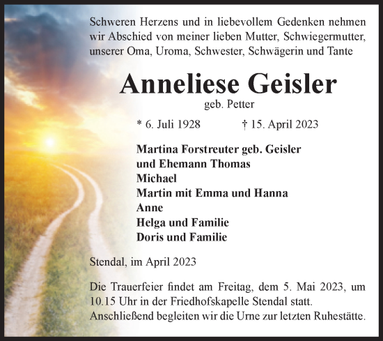 Traueranzeige von Anneliese Geisler von Volksstimme Altmark Ost