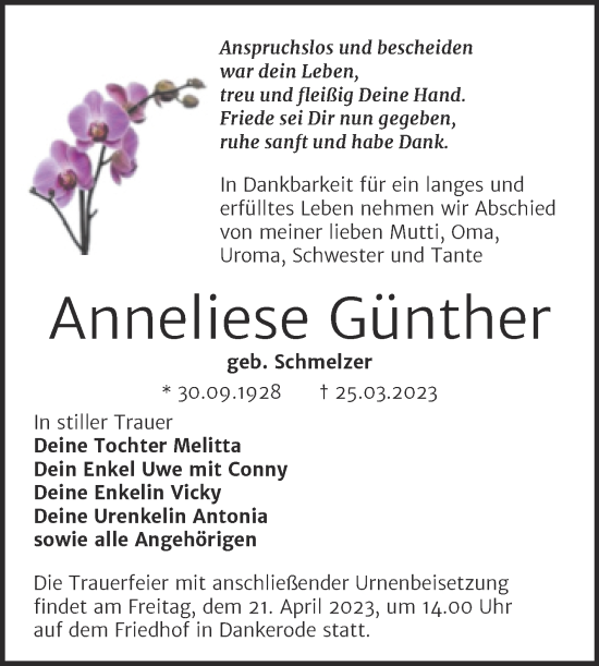 Traueranzeige von Anneliese Günther von Trauerkombi Quedlinburg