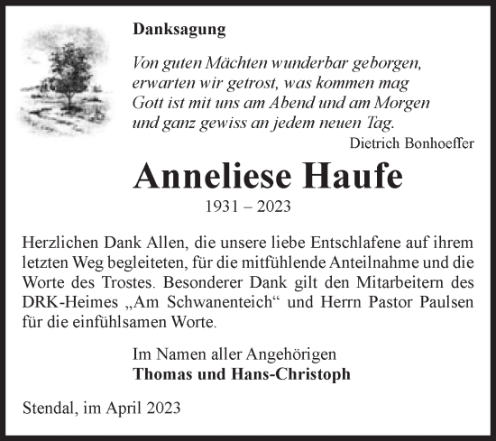 Traueranzeige von Anneliese Haufe von Volksstimme Altmark Ost