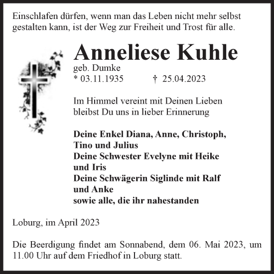 Traueranzeige von Anneliese Kuhle von Volksstimme Burg/Genthin