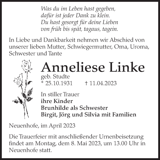 Traueranzeige von Anneliese Linke von Volksstimme Haldensleben/Wolmirstedt