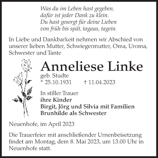 Traueranzeige von Anneliese Linke von Volksstimme Haldensleben/Wolmirstedt