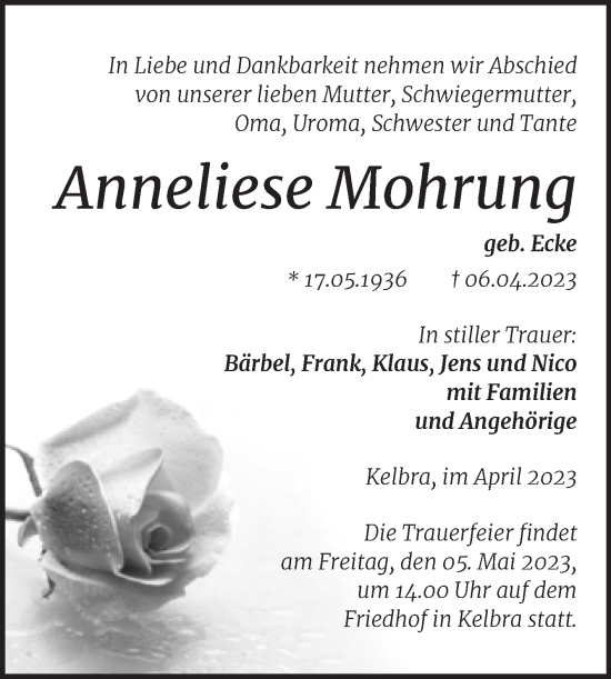 Traueranzeige von Anneliese Mohrung von Mitteldeutsche Zeitung Sangerhausen