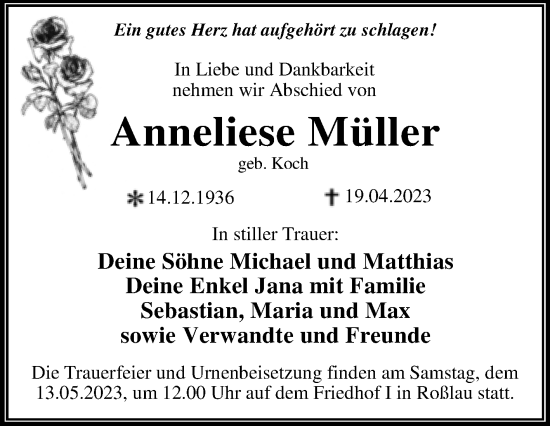 Traueranzeige von Anneliese Müller von Trauerkombi Dessau