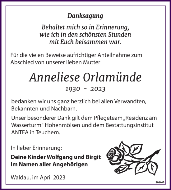 Traueranzeige von Anneliese Orlarnünde von Trauerkombi Zeitz