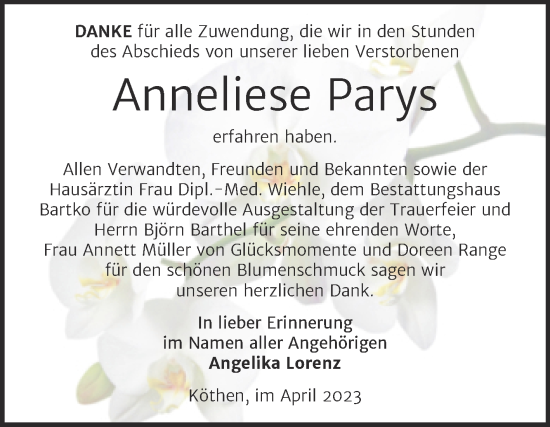 Traueranzeige von Anneliese Parys von Trauerkombi Köthen