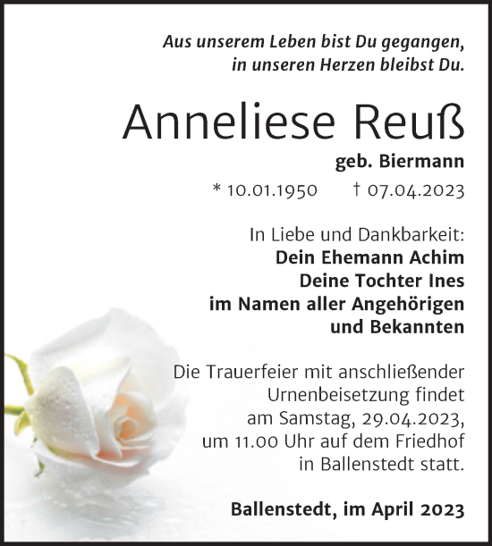 Traueranzeige von Anneliese Reuß von Trauerkombi Quedlinburg