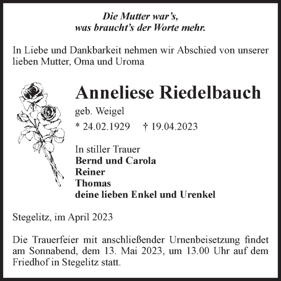 Traueranzeige von Anneliese Riedelbauch von Volksstimme Burg/Genthin