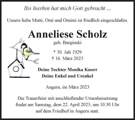 Traueranzeige von Anneliese Scholz von Volksstimme Haldensleben/Wolmirstedt