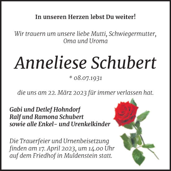 Traueranzeige von Anneliese Schubert von Trauerkombi Bitterfeld