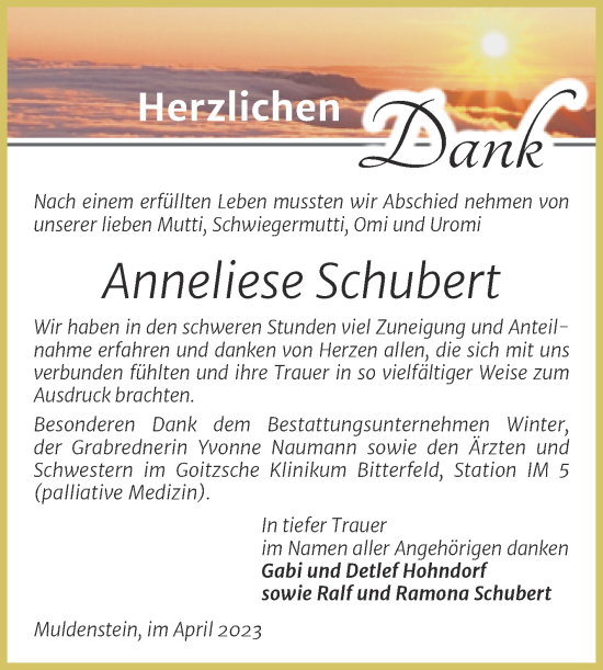 Traueranzeige von Anneliese Schubert von Trauerkombi Bitterfeld