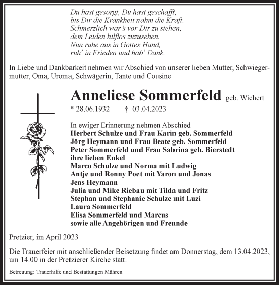 Traueranzeige von Anneliese Sommerfeld von Volksstimme Altmark West