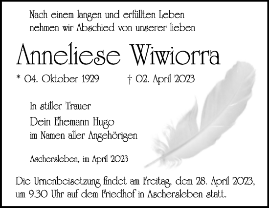 Traueranzeige von Anneliese Wiworra von Trauerkombi Aschersleben
