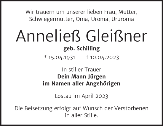 Traueranzeige von Anneließ Gleißner von Naumburger Tageblatt