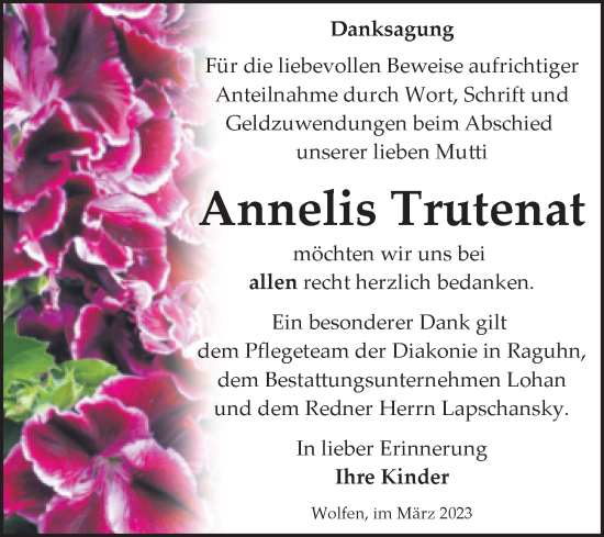 Traueranzeige von Annelis Trutenat von Trauerkombi Bitterfeld