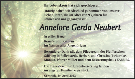 Traueranzeige von Annelore Gerda Neubert von Trauerkombi Quedlinburg