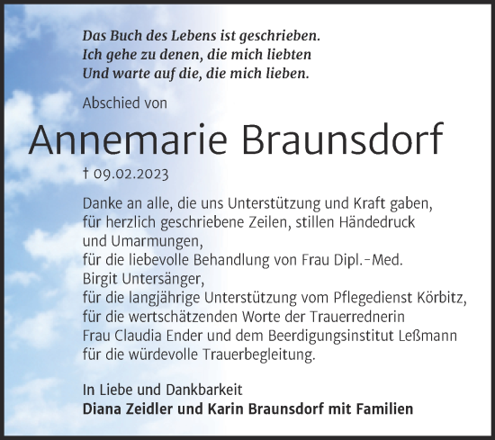 Traueranzeige von Annemarie Braunsdorf von Trauerkombi Bitterfeld