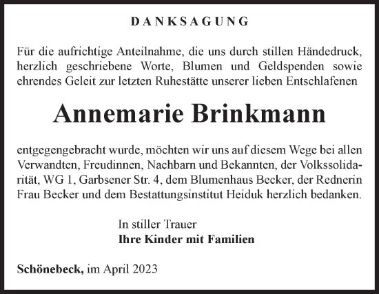 Traueranzeige von Annemarie Brinkmann von Volksstimme Schönebeck