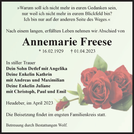 Traueranzeige von Annemarie Freese von Volksstimme Wernigerode