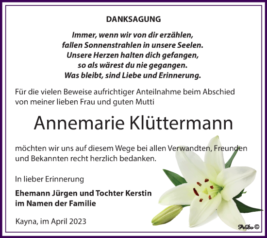 Traueranzeige von Annemarie Klüttermann von Trauerkombi Zeitz