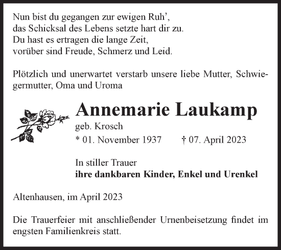 Traueranzeige von Annemarie Laukamp von Volksstimme Haldensleben/Wolmirstedt