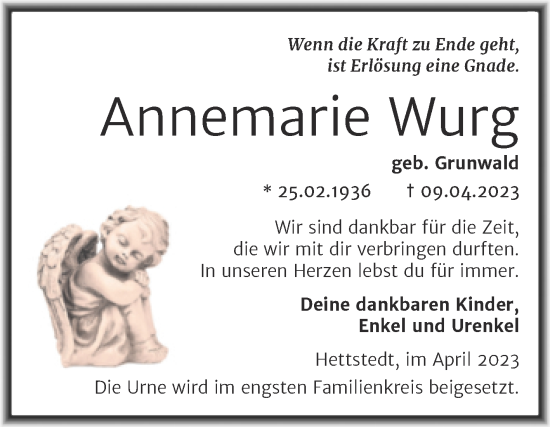 Traueranzeige von Annemarie Wurg von Trauerkombi Mansfelder Land