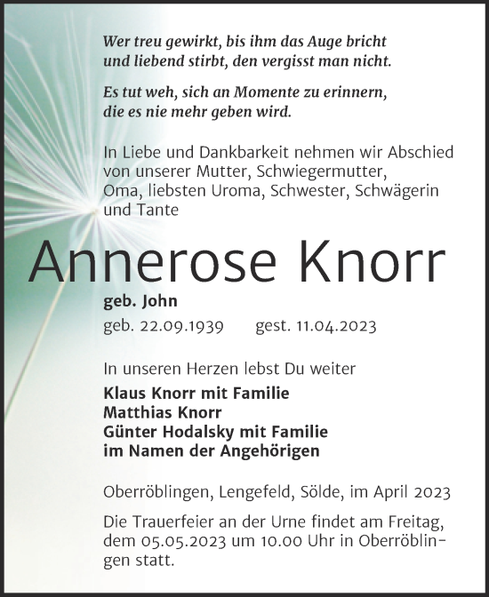Traueranzeige von Annerose Knorr von Trauerkombi Sangerhausen