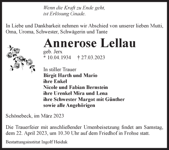 Traueranzeige von Annerose Lellau von Volksstimme Schönebeck