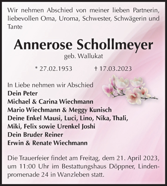 Traueranzeige von Annerose Schollmeyer von Volksstimme Oschersleben/Wanzleben