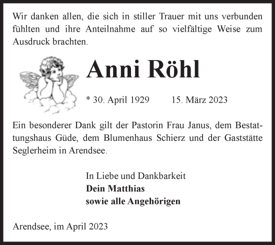 Traueranzeige von Anni Röhl von Volksstimme Altmark West
