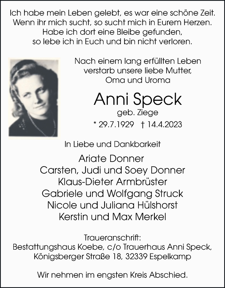 Traueranzeige für Anni Speck vom 26.04.2023 aus Trauerkombi Bernburg