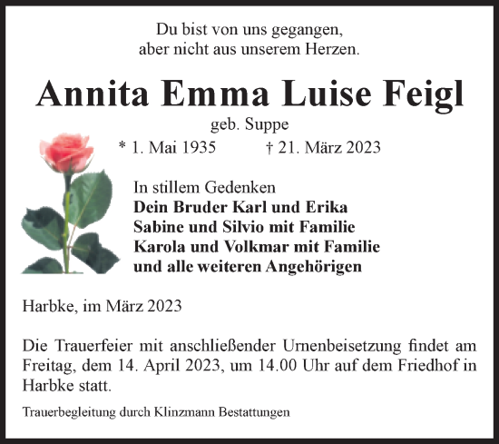 Traueranzeige von Annita Emma Luise Feigl von Volksstimme Oschersleben/Wanzleben