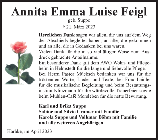 Traueranzeige von Annita Emma Luise Feigl von Volksstimme Oschersleben/Wanzleben