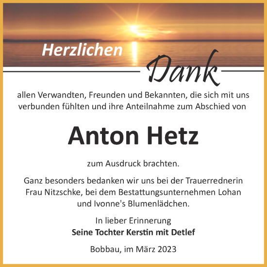 Traueranzeige von Anton Hetz von Trauerkombi Bitterfeld