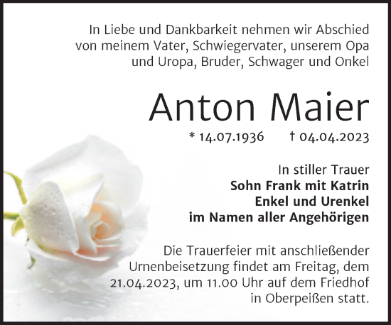 Traueranzeige von Anton Maier von Trauerkombi Bernburg
