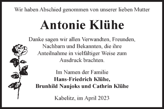 Traueranzeige von Antonie Klühe von Volksstimme Altmark Ost