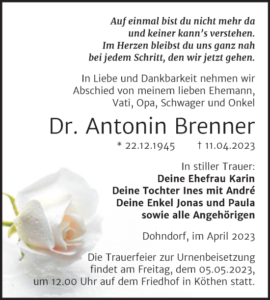 Traueranzeige von Antonin Brenner von Trauerkombi Köthen