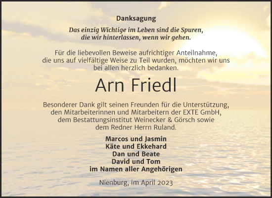 Traueranzeige von Arn Friedl von Trauerkombi Bernburg
