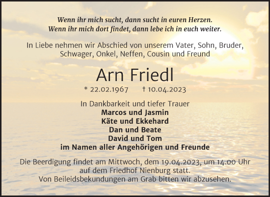 Traueranzeige von Arn Friedl von Trauerkombi Bernburg