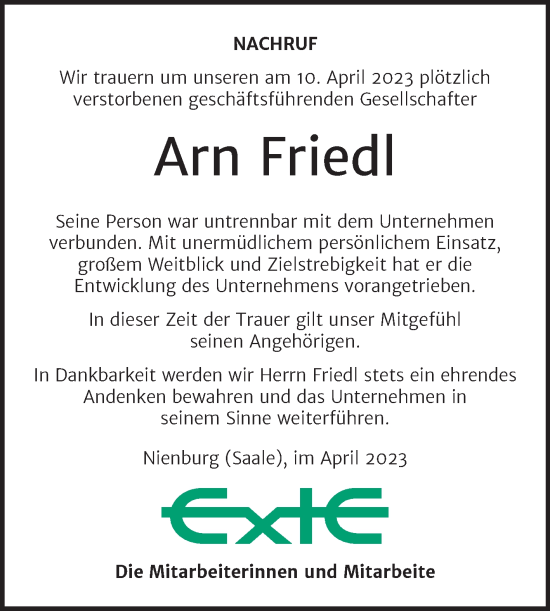 Traueranzeige von Arn Friedl von Mitteldeutsche Zeitung Bernburg