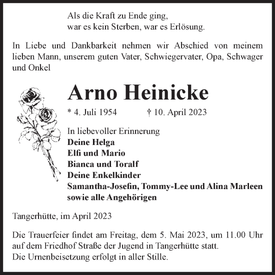 Traueranzeige von Arno Heinicke von Volksstimme Altmark Ost