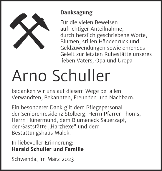 Traueranzeige von Arno Schuller von Trauerkombi Sangerhausen