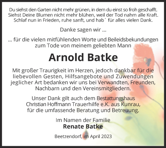 Traueranzeige von Arnold Batke von Volksstimme Altmark West