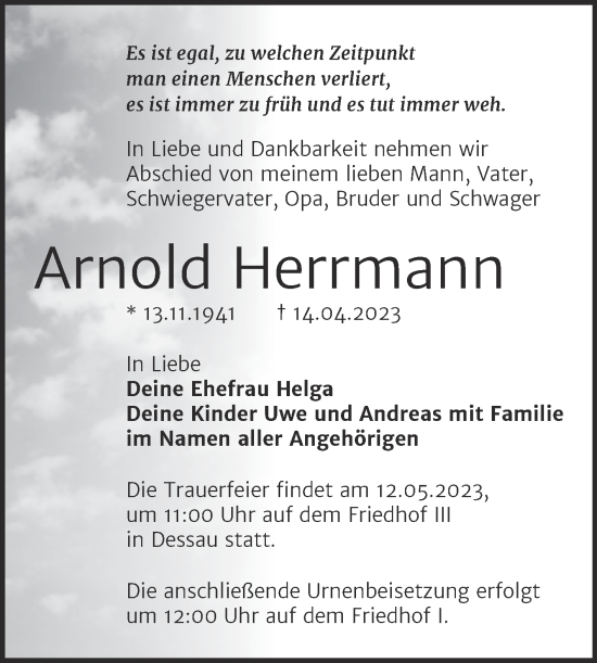 Traueranzeige von Arnold Herrmann von Mitteldeutsche Zeitung Bitterfeld