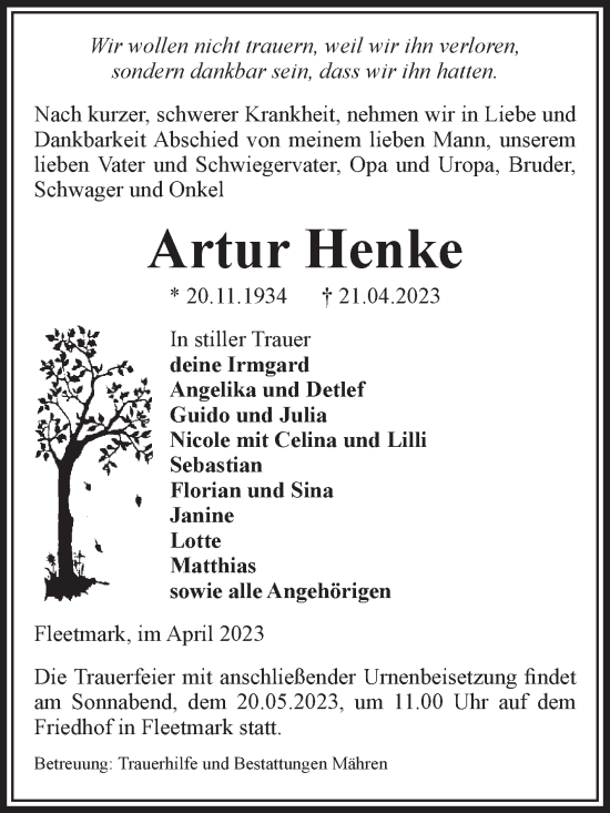 Traueranzeige von Artur Henke von Volksstimme Altmark West