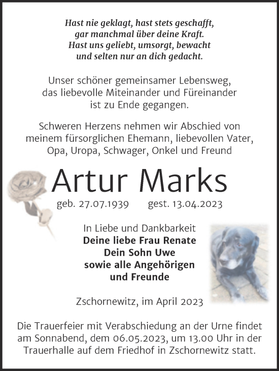 Traueranzeige von Artur Marks von Trauerkombi Wittenberg
