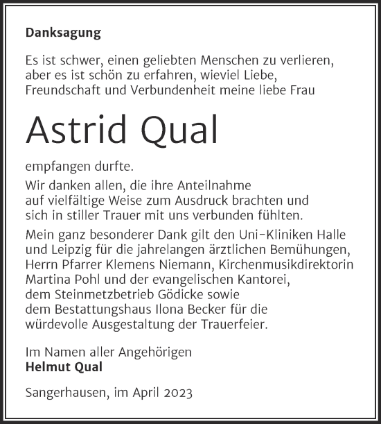 Traueranzeige von Astrid Qual von Trauerkombi Sangerhausen