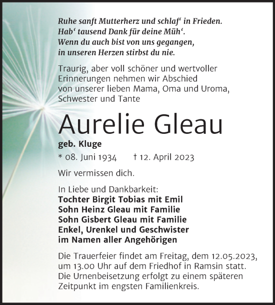 Traueranzeige von Aurelie Gleau von Trauerkombi Bitterfeld