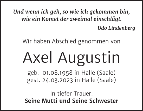 Traueranzeige von Axel Augustin von Mitteldeutsche Zeitung Halle/Saalkreis