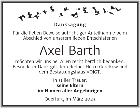 Traueranzeige von Axel Barth von Trauerkombi Merseburg